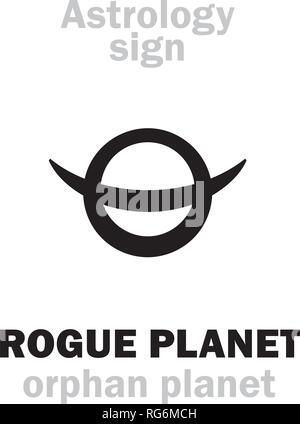 Astrology Alphabet: ROGUE PLANET (Orphan planet), nomad free-floating wandering planet without orbit, route, course and destination. Hieroglyph sign. Stock Vector
