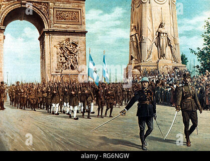 Painting depicting Greek military units in the WWI Victory Parade in Arc de Triomphe, Paris. 14 July 1919. D. Vassiliou Stock Photo