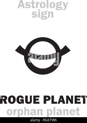 Astrology Alphabet: ROGUE PLANET (Orphan planet), nomad free-floating wandering planet without orbit, route, course and destination. Hieroglyph sign. Stock Vector
