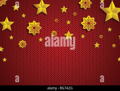 Golden stars and snowflakes on red knitted background. Vector greeting card design Stock Vector