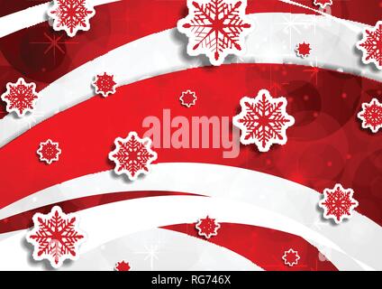 Red wavy Christmas background with snowflakes. Vector greeting card design Stock Vector