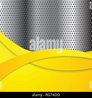 Tech metallic perforated background with yellow waves vector background Stock Vector