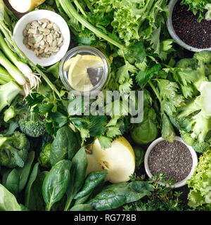 Vegetables Fruit, Superfood Herbs Top View Healthy Food Ingredients Background Flat Lay Stock Photo