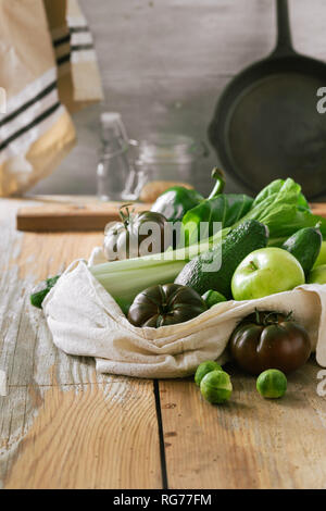 Healthy Food With Fabric Eco Bag Fruit and vegetable. Vegetarian Or Vegan Food On Wooden Table Stock Photo