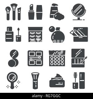 Cosmetics Related Vector Icons Set. Cream Bottle, Lipstick, Makeup Brush and more Stock Vector