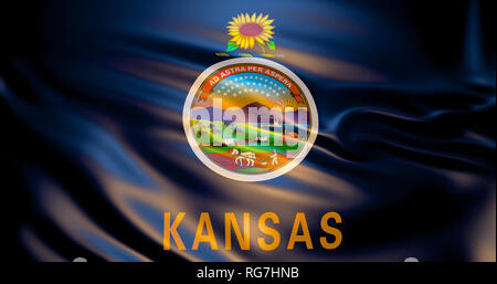 Kansas flag in the wind. 3d illustration. Topeka Stock Photo