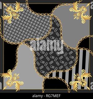 Silk scarf gold chains vintage baroque design vector. Stock Vector