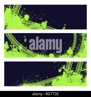 Set of three green color tire track banners with halftone pattern Stock Vector