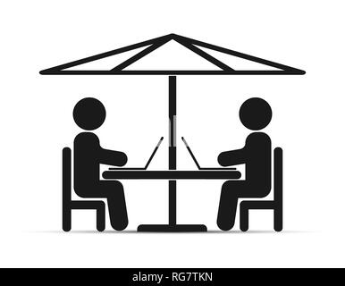 two people with laptops sitting at a table under an umbrella, simple drawing Stock Vector