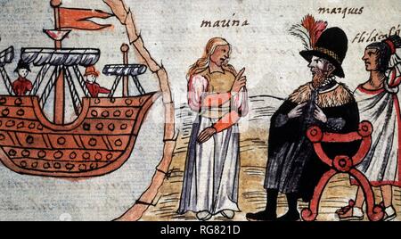 CORTES, HERNAN CONQUISTADOR ESPAÑOL. MEDELLIN 1485-1547 CODICE DURAN.'HISTORIA DE LAS INDIAS DE NUEVA ESPAÑA', 1537-1538 HERNAN CORTES JUNTO A LA INDIA MARINA MARINA BIBLIOTECA NACIONAL. MADRID. Stock Photo