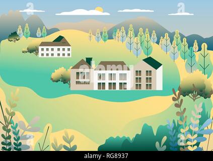Rural valley view Farm countryside. Village landscape with ranch in flat style design. Landscape with detached house farm one family house, barn, buil Stock Vector