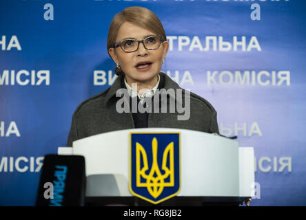 Kiev, Ukraine. 28th January 2019. Yulia Tymoshenko, a leader of the Ukrainian Batkivshchyna (Fatherland) political party seen speaking during the briefing after receiving the certificate of the candidate for the President of Ukraine at the Central Election Commission. Presidential elections in Ukraine will be held March 31, 2019. Credit: Sergei Chuzavkov/SOPA Images/ZUMA Wire/Alamy Live News Stock Photo