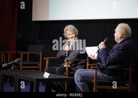 Paris, France. 28th Jan, 2019. Charlotte Rampling actress interviewed by Michel Ciment during the 19th Art and Technique Meetings Paris Cinema - The Dream Industry on January 28, 2019 in Paris, France. Credit: Bernard Menigault/Alamy Live News Stock Photo