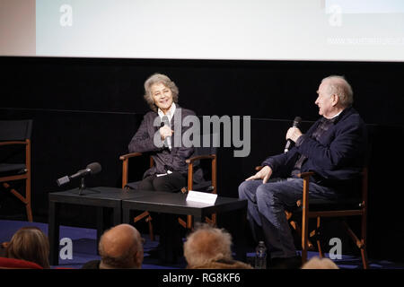 Paris, France. 28th Jan, 2019. Charlotte Rampling actress interviewed by Michel Ciment during the 19th Art and Technique Meetings Paris Cinema - The Dream Industry on January 28, 2019 in Paris, France. Credit: Bernard Menigault/Alamy Live News Stock Photo