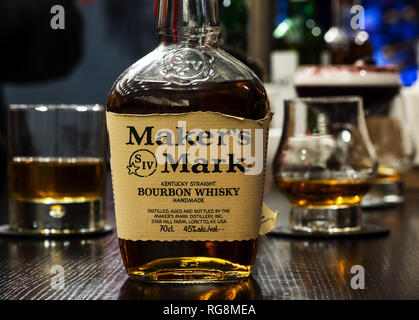 Kiev, Ukraine. 28th Jan, 2019. Maker's Mark is a small-batch bourbon whisky seen at the Rooster Grill Bar counter in Kiev. Credit: Igor Golovniov/SOPA Images/ZUMA Wire/Alamy Live News Stock Photo