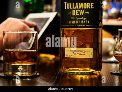 Tullamore Dew Original Irish whisky seen at the Rooster Grill Bar counter in Kiev. Stock Photo