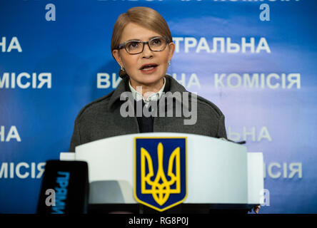 Yulia Tymoshenko, a leader of the Ukrainian Batkivshchyna (Fatherland) political party seen speaking during  the briefing after receiving the certificate of the candidate for the President of Ukraine at the Central Election Commission. Presidential elections in Ukraine will be held March 31, 2019. Stock Photo