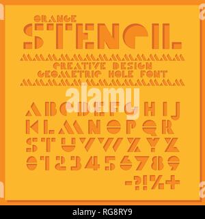 Orange stencil geometric font. Color paper cut typeface alphabet. Hole letters and numbers sans serif. Creative design. Stock Vector