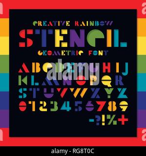Rainbow stencil geometric font. Color paper cut alphabet. Colorful hole letters and numbers sans serif. Creative design Stock Vector