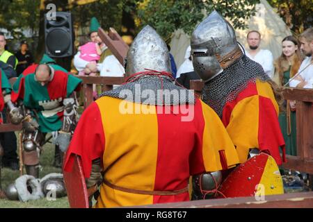 BYTOM, POLAND - SEPTEMBER 12, 2015: Knights take part in 2nd Bytom Medieval Fair in Poland. The event is part of celebration for city's 760th annivers Stock Photo