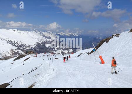 Winter in French Alps - skiing in Valmeinier-Valloire skiing station. Europe ski area. Stock Photo