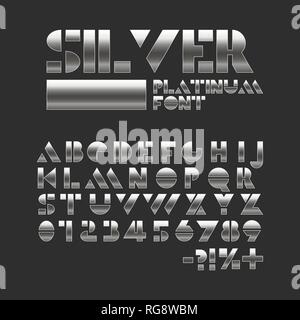 Silver platinum stencil font. Metallic shiny alphabet. Geometric letters and numbers. Stock Vector