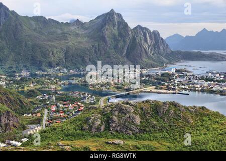 Lofoten islands in Arctic Norway. Svolvaer town view on Austvagoya island. Aerial view of Boreal zone from Tjeldbergtinden hiking trail. Stock Photo