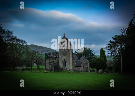 A cool autumn evening in the Peak District. Church of the holy cross, Ilam, Ashbourne final resting place of St Bertram Stock Photo