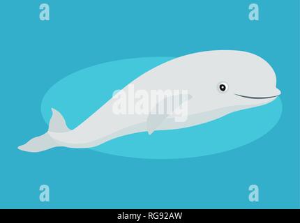 Cute beluga whale icon, funny white Arctic cetacean, isolated on blue background, marine mammal, vector illustration. Stock Vector