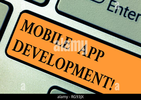 Handwriting text Mobile App Development. Concept meaning procedures involved in writing software for gadgets Keyboard key Intention to create computer Stock Photo