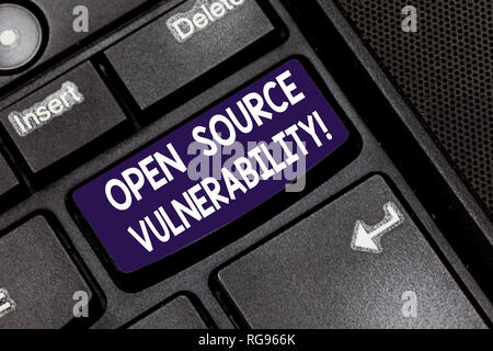 Writing note showing Open Source Vulnerability. Business photo showcasing Publicized Exploits are open to malicious users Keyboard key Intention to cr Stock Photo