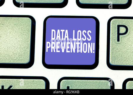 Word writing text Data Loss Prevention. Business concept for Software that detects potential data breaches Keyboard key Intention to create computer m Stock Photo