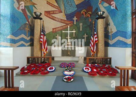 Cambridge American Cemetery & interior Memorial Chapel altar flag & wreaths at USA military cemetery for US personnel near Madingley Cambridgeshire UK Stock Photo