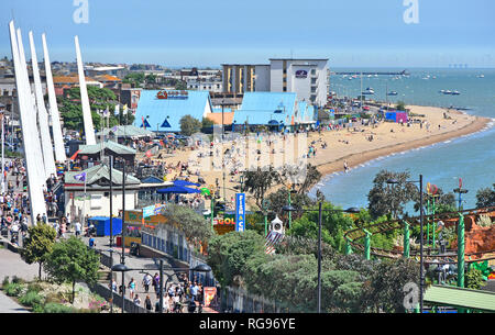 Southend on sea holiday seaside resort looking down view from above at waterfront beach & fairground promenade Thames Estuary Essex coast England UK Stock Photo