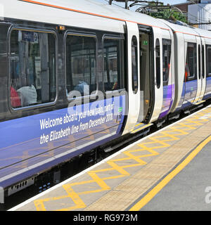 Crossrail new train & carriage with message December 2018 for new Elizabeth line opening of public transport route across London UK now due late 2019 Stock Photo
