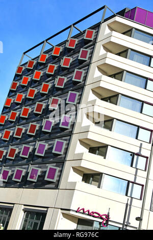 Moxy Hotel brand of Marriot International colourful window side panels new build hotel urban development at Stratford Newham East London England UK Stock Photo