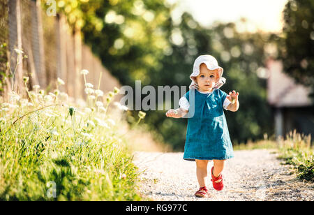 Portrait of baby girl walking outddors in summer Stock Photo