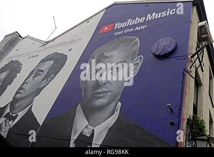 YouTube Music Get The App Advert, on gable end of building, Shude Hill, Manchester City Centre, North West England, UK, M4 2AF Stock Photo