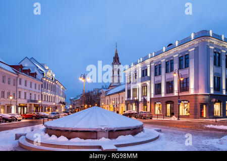 Dawn at the town hall square in Vilnius old town, Lithuania. Stock Photo