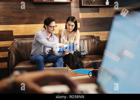 Business Man And Woman Meeting At Work In Office Cafeteria Stock Photo