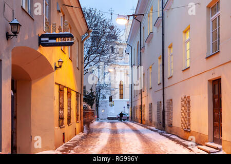 Winter evening in Vilnius old town, Lithuania. Stock Photo