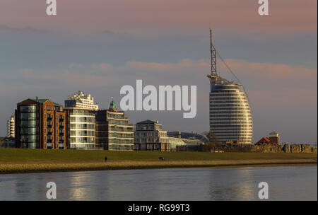 The North German port city of Bremerhave, featuring the Atlantic Sail Hotel. Stock Photo