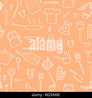 Cooking utensils and kitchen tools - seamless background doodle vector. Stock Vector