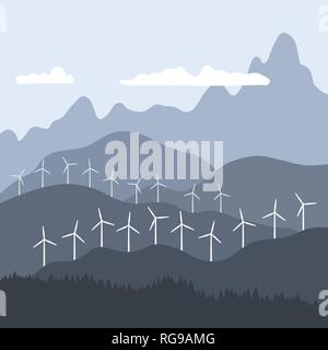 Renewable energy source - wind turbine landscape vector illustration ...