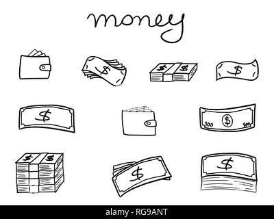 Money icons - sketchy doodle style illustration with banknotes and wallets. Business set. Stock Vector