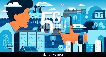 5G technologies in our life. Gradient vector concept illustration of new high speed wireless data connection 5G between sensors, servers, people, mobi Stock Vector
