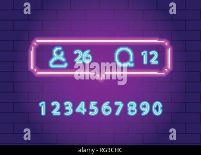 Social network notifications neon icons pack. Follower, comment. Notification set with follower subscriber, speech bubble, digits. Available for numbe Stock Vector