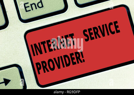Handwriting text Internet Service Provider. Concept meaning Company that provides access to the Internet Keyboard key Intention to create computer mes Stock Photo