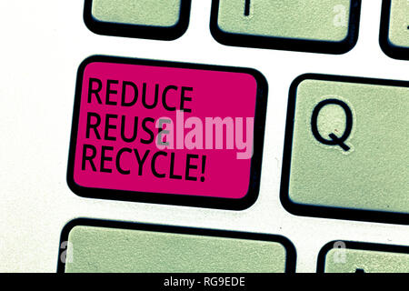 Handwriting text Reduce Reuse Recycle. Concept meaning Cut down on the amount of garbage we make each year Keyboard key Intention to create computer m Stock Photo