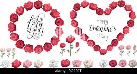 Roses. Red rose wreath. Happy Valentine's day. I love you. Lettering. Heart made of roses. Set of roses isolated on a white backgroung. EPS 10 file Stock Vector